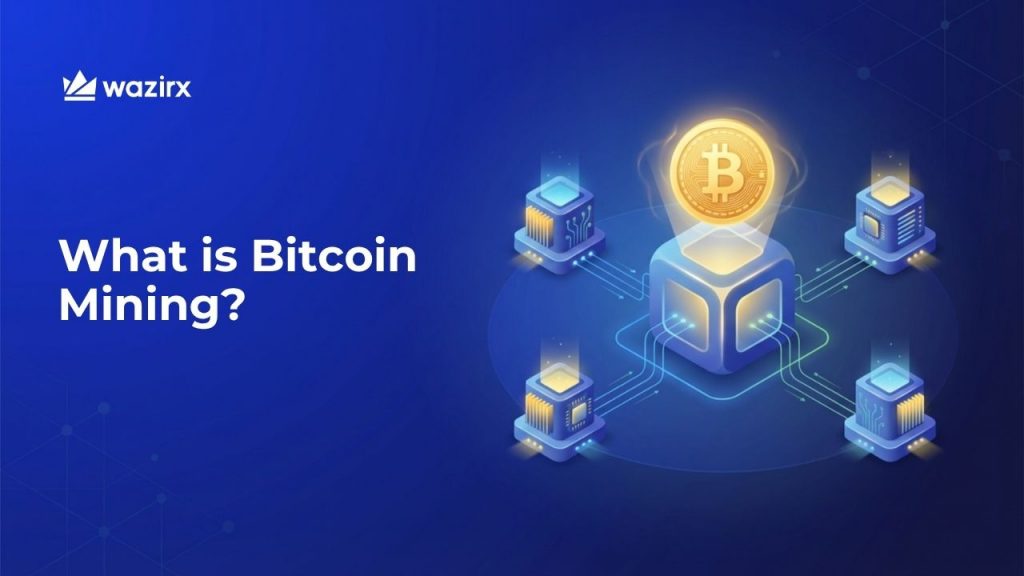 Bitcoin mining illustration showing a crypto mining machine generating Bitcoin using computational power