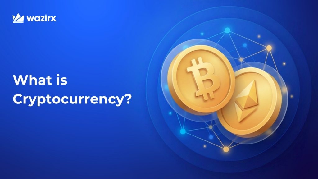 Blog banner showing a blue gradient background with the text “What is Cryptocurrency?” alongside illustrated gold coins featuring Bitcoin and Ethereum symbols connected by a digital network.