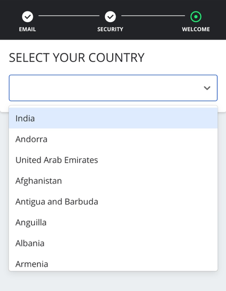WazirX Signup Process - Country Select