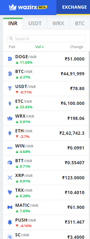 Check the exchange rate - WazirX