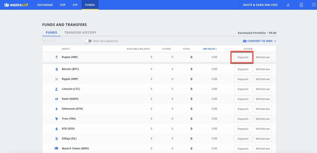 Funds and Transfers page - WazirX