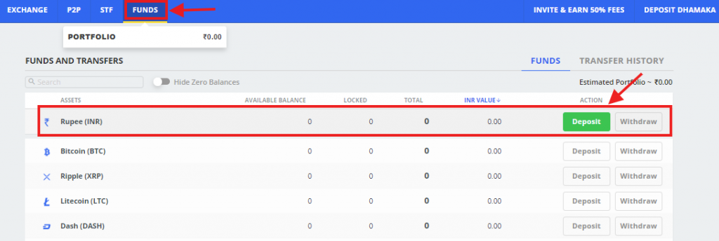 Deposits of funds - WazirX