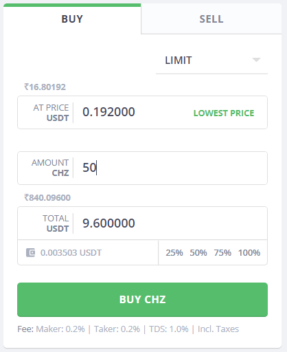 Buy CHZ on WazirX