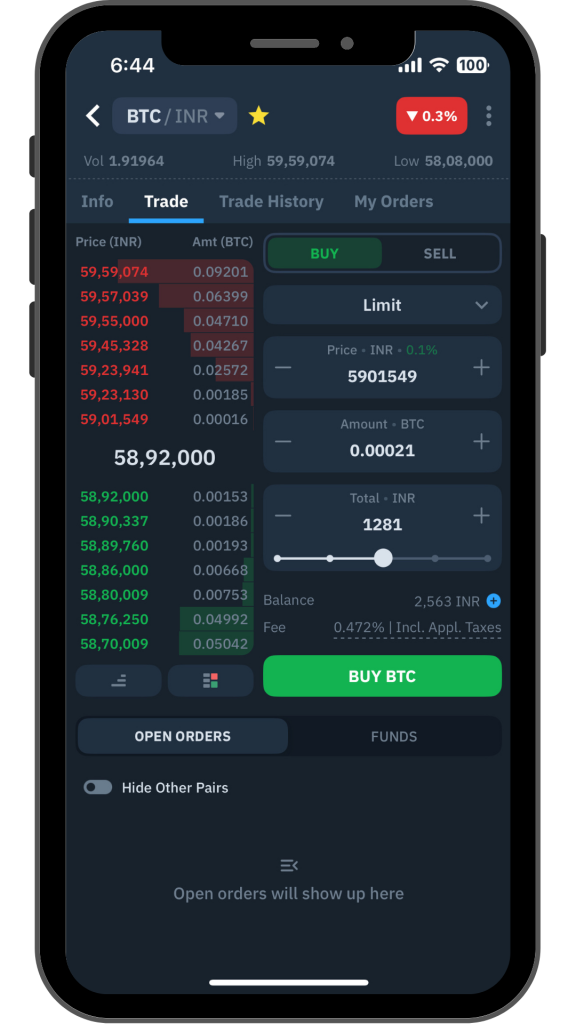 order book on the WazirX app