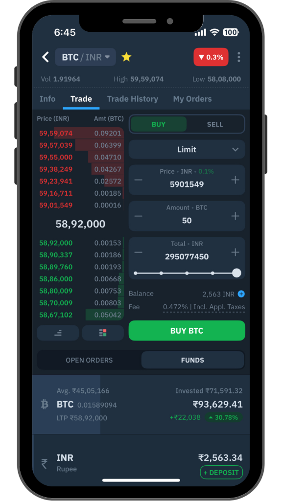 Funds section on the WazirX app