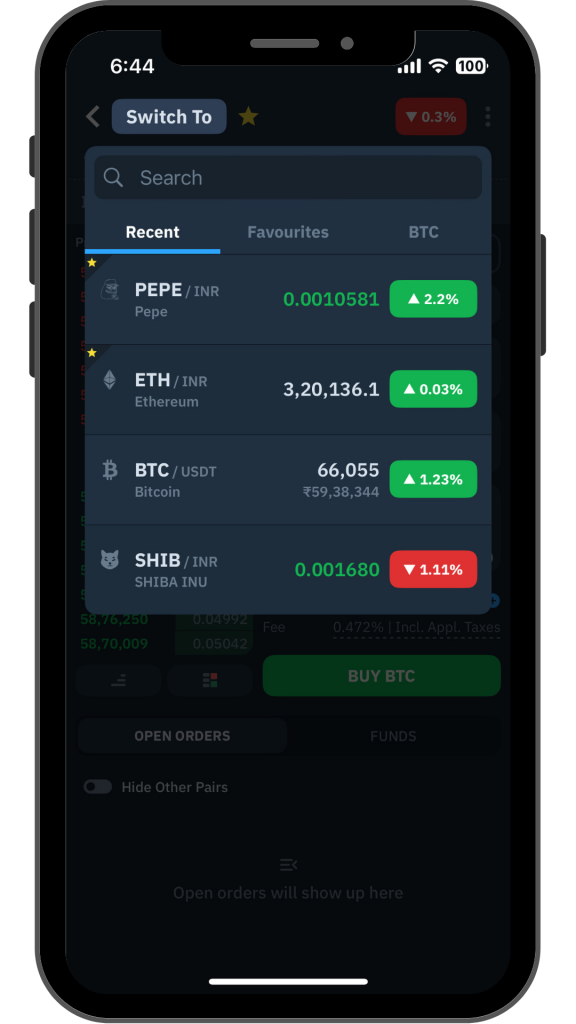 Market Switcher on the WazirX app