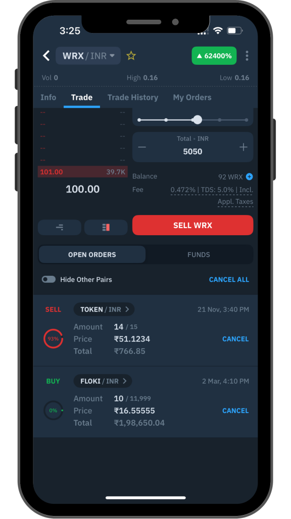 'Open Orders' tab on the WazirX app