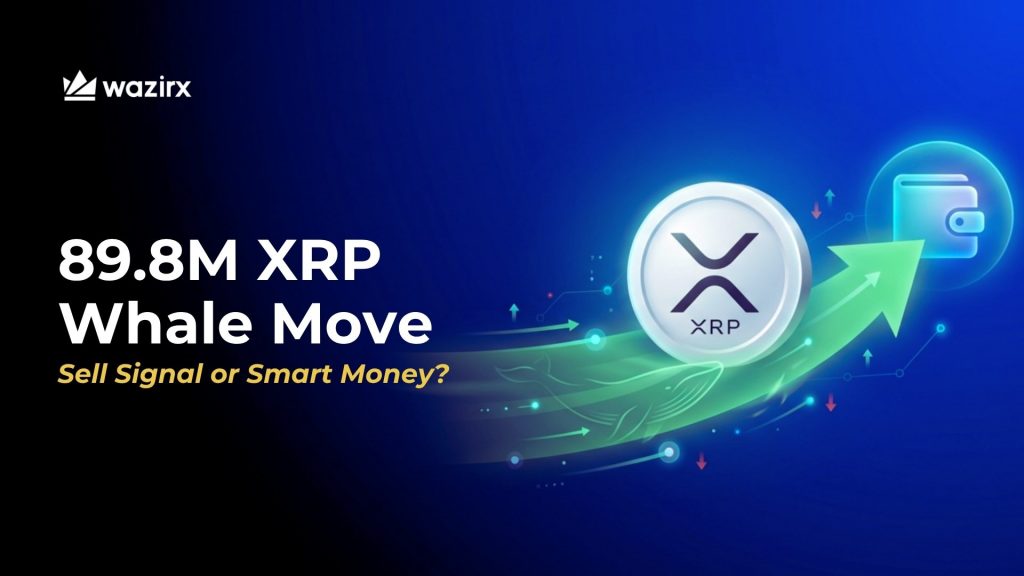 Illustration of a giant crypto whale figure pushing 89.8 million XRP (worth $119 million) from a private wallet toward the logo of the Coinbase exchange, symbolizing the large, debated on-chain transfer.