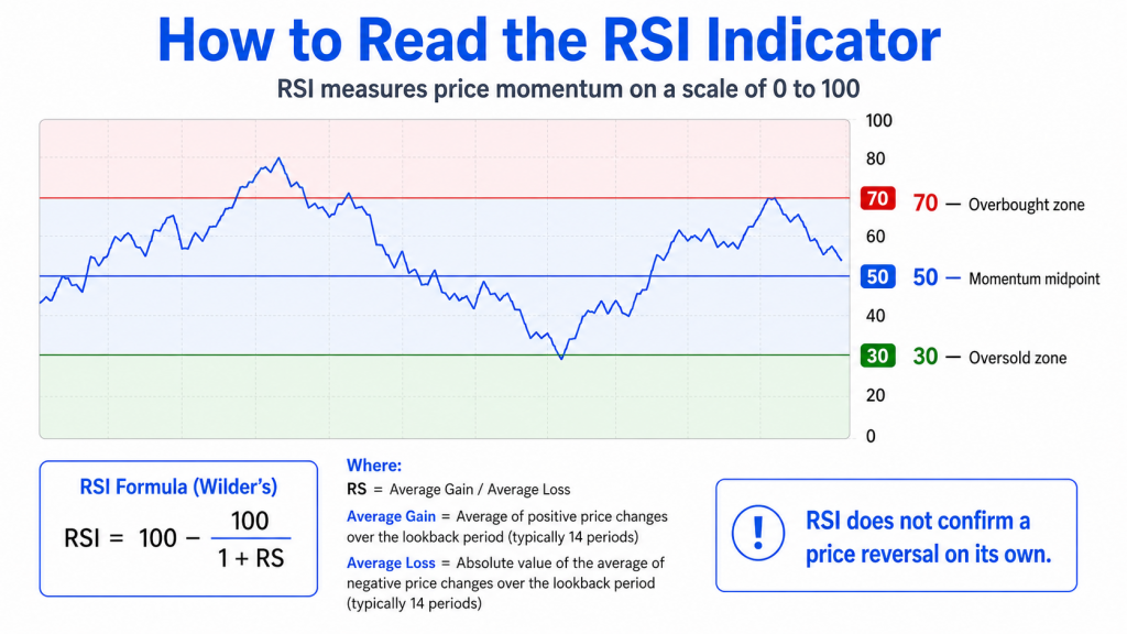 RSI indicator chart explaining overbought above 70, momentum midpoint at 50, oversold below 30, and the RSI calculation formula.