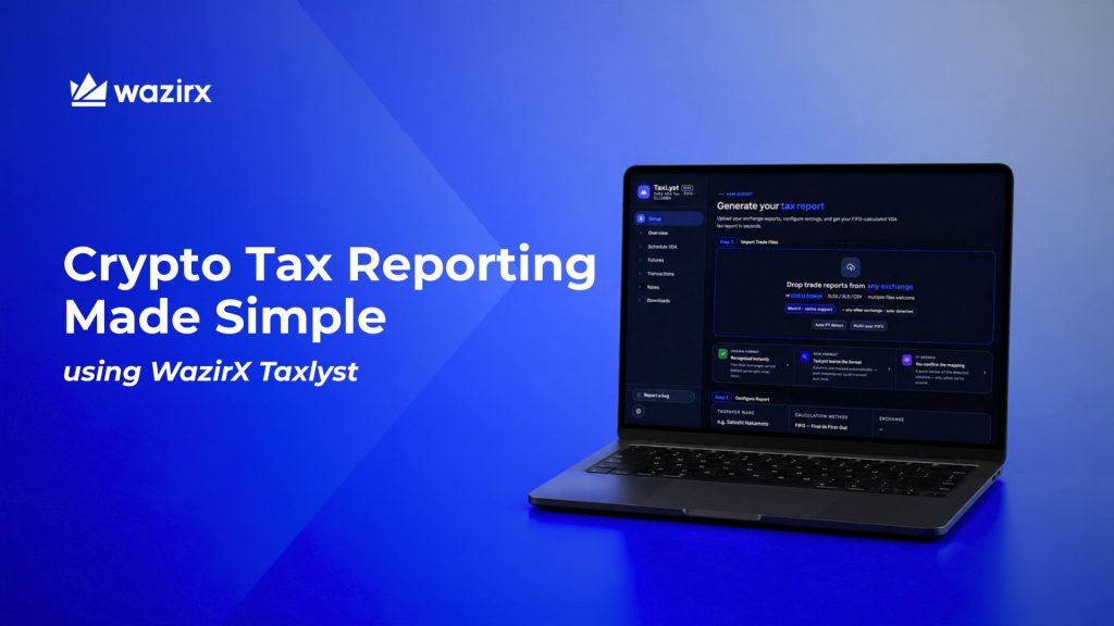 WazirX TaxLyst interface on a laptop showing crypto tax reporting features