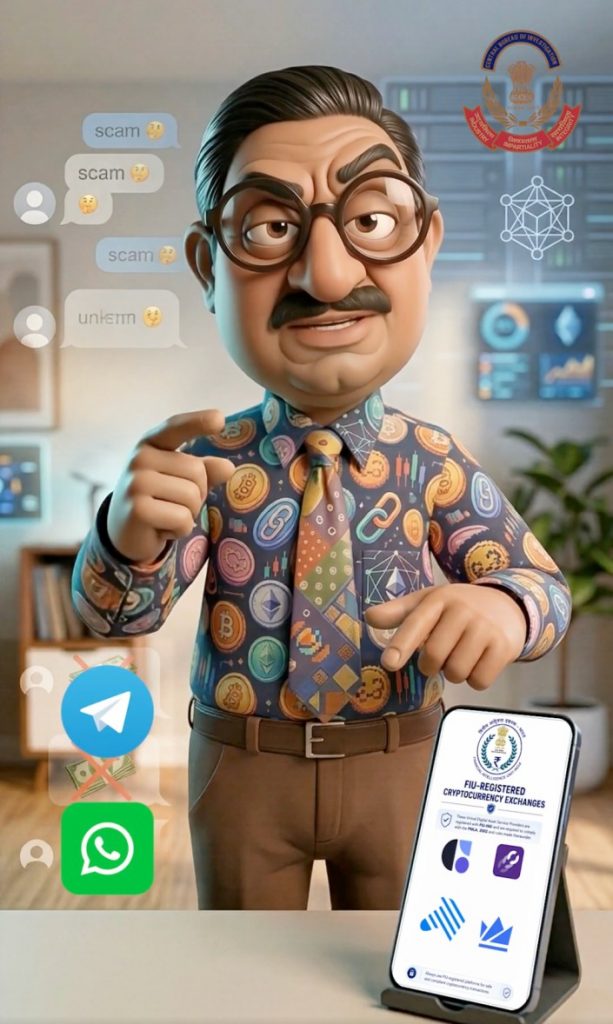 CBI’s cyber-safety awareness campaign highlights the use of FIU-registered crypto exchanges, with WazirX featured among the platforms shown.